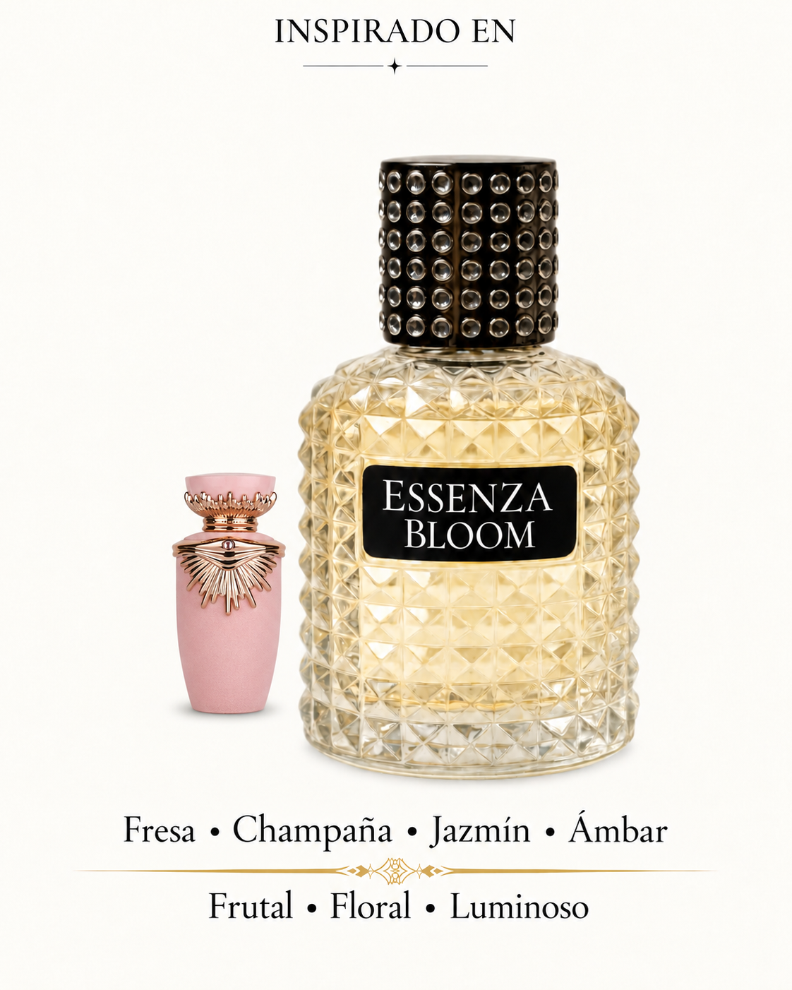 Alba Rosada de Essenza Bloom: fresa, champaña, jazmín y ámbar.