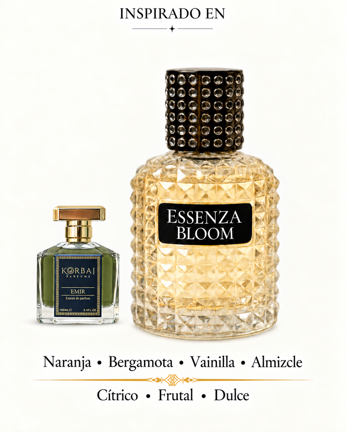 Azul Imperial de Essenza Bloom junto al frasco original de Emir de Korbaj. Naranja, bergamota, vainilla y almizcle.