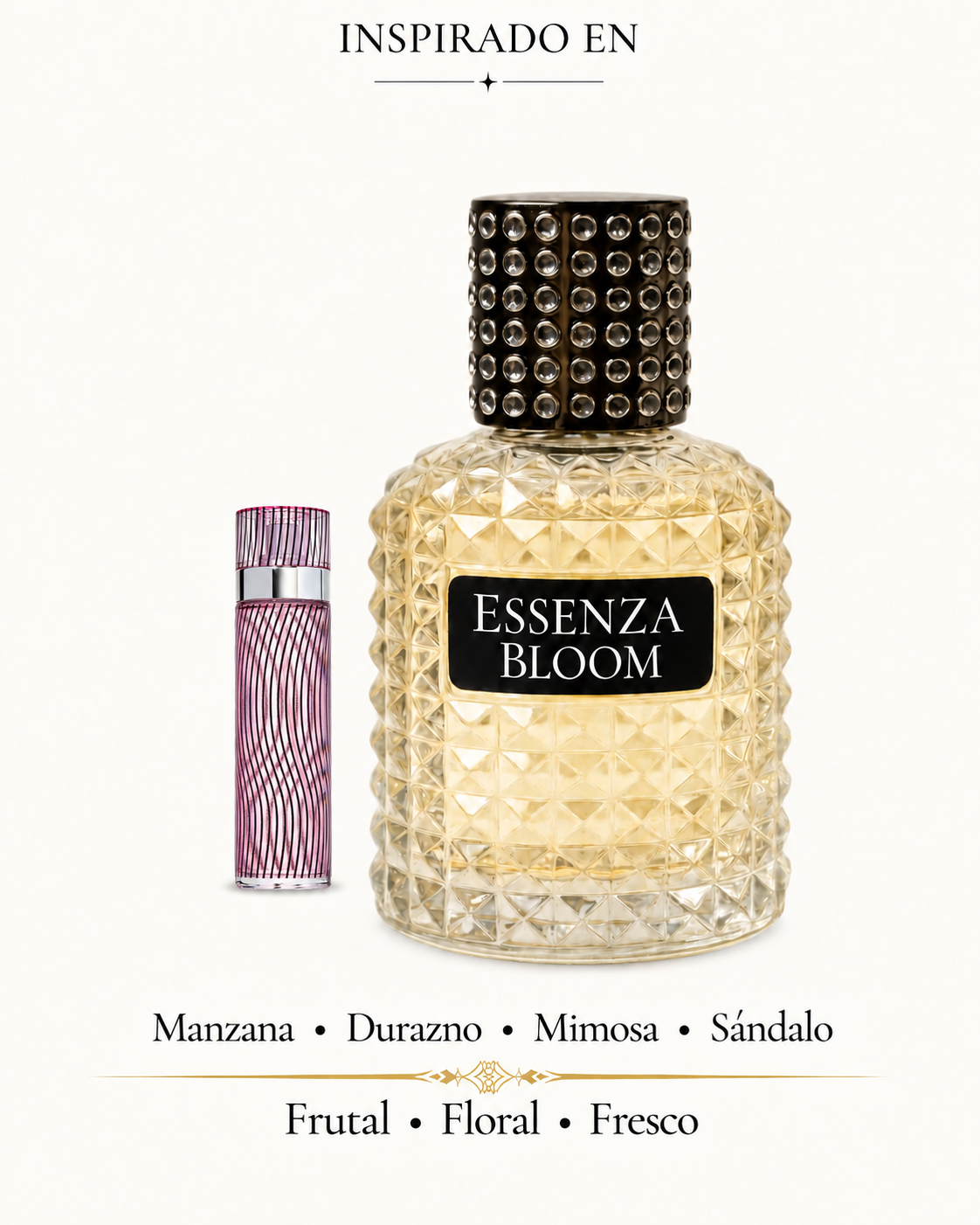 Brisa Rosada de Essenza Bloom: manzana, durazno, mimosa y sándalo.