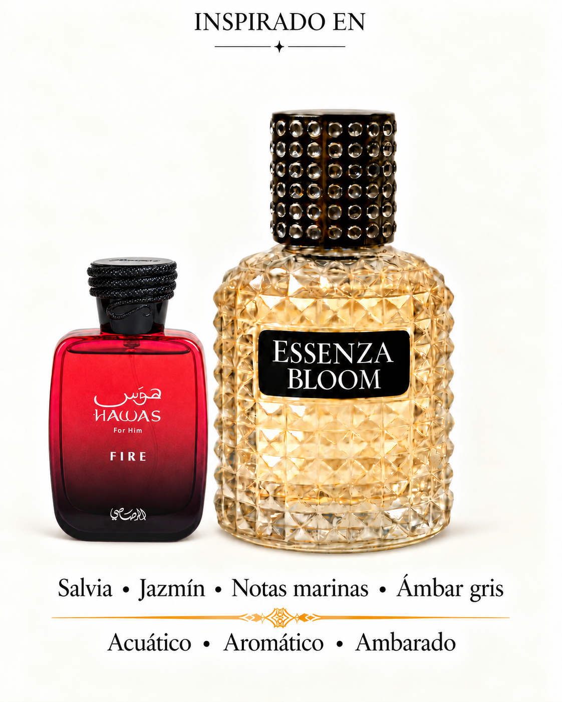 Fuego Marino de Essenza Bloom junto al frasco original Hawas Fire de Rasasi, con HAWAS y FIRE visibles. Salvia, jazmín, notas marinas y ámbar gris.