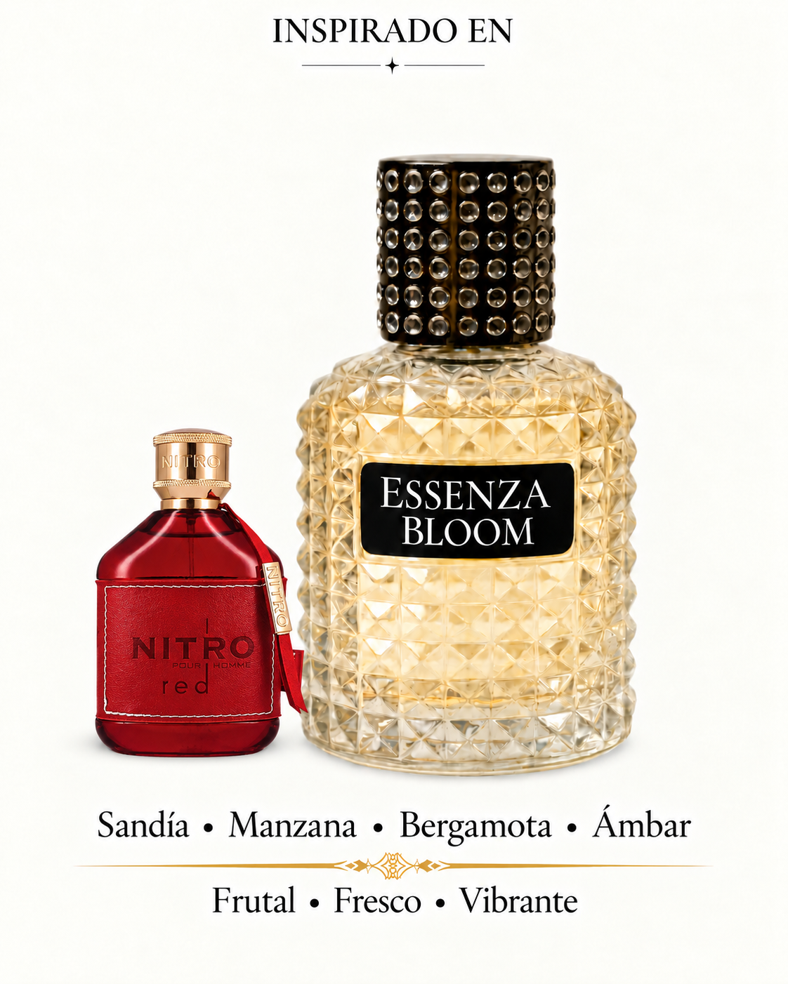 Ímpetu Rojo de Essenza Bloom junto al frasco original de Nitro Red con su nombre visible. Notas de sandía, manzana, bergamota y ámbar.