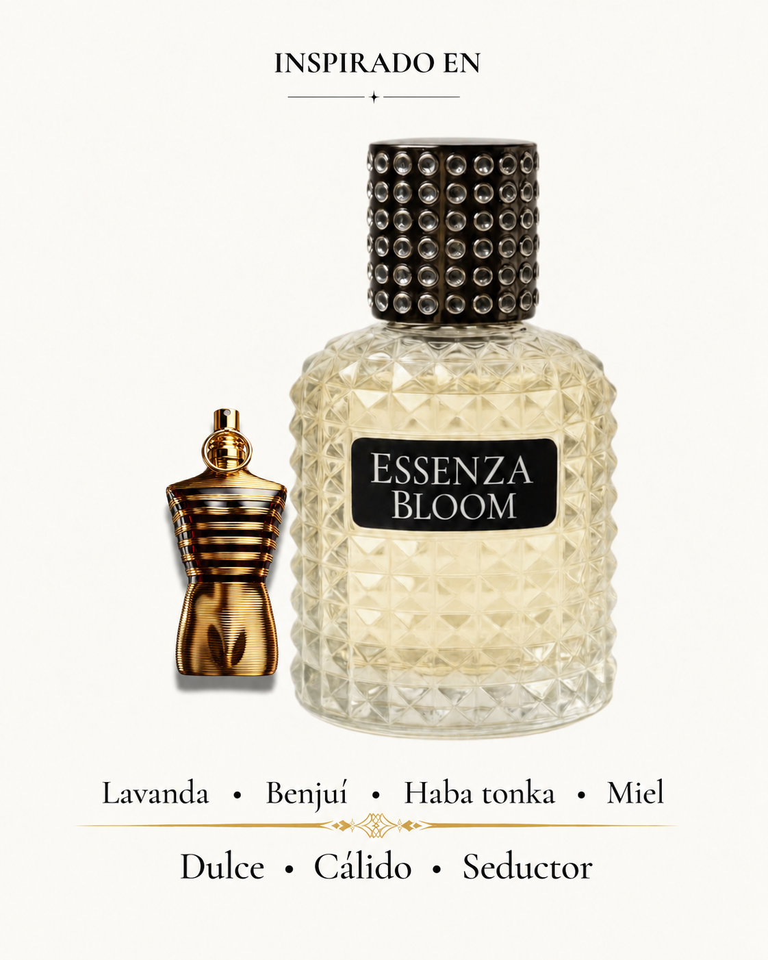Oro Ardiente de Essenza Bloom junto al frasco dorado de Le Male Elixir. Lavanda, benjuí, haba tonka y miel.