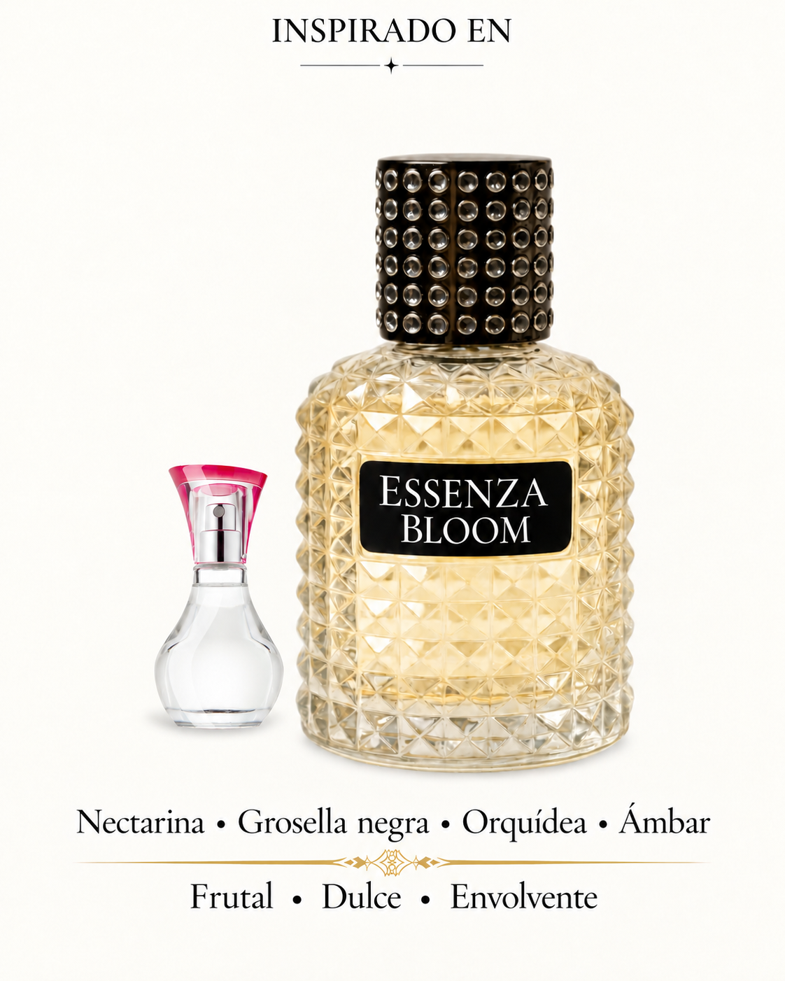 Pasión Rosada de Essenza Bloom: nectarina, grosella negra, orquídea y ámbar.
