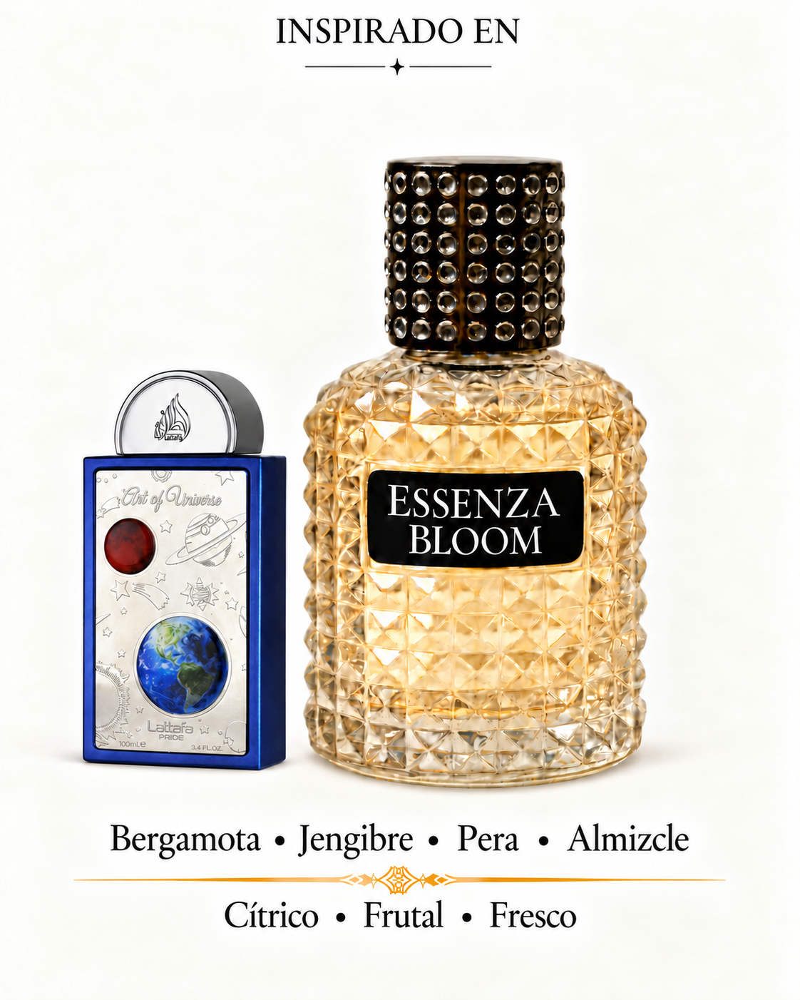 Universo Azul de Essenza Bloom junto al frasco original Art of Universe de Lattafa Pride con su nombre visible. Bergamota, jengibre, pera y almizcle.